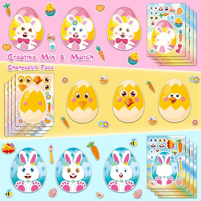 Aowplc 32 Sheets Easter Make A Face Animal Stickers Mix and Match Easter Crafts for Kids Party Favors Supplies