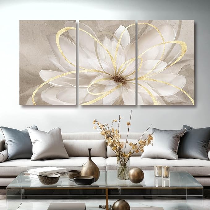 Kureful Gold Wall Art Pictures for Bedroom Flowers Wall Decor Floral Posters Art 3 Piece Wall Decorations Minimalist Decor for Walls 20"x 26"x 3
