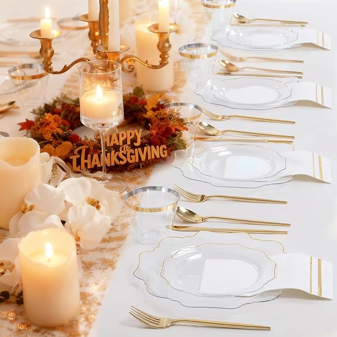 WDF 350Pcs Clear and Gold Plastic Plates - Heavy Duty Clear Plates Disposable - Gold Dinnerware Sets of 100 Plastic Plate 150Silverware 50 Cups 50 Napkins for Wedding/Party/Thanksgiving