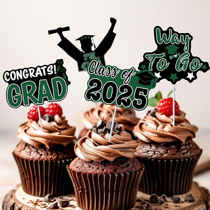 2025 Graduation Cupcake Toppers - 48 Pcs Green Graduation Party Supplies Mini Cake Food/Appetizer Picks For Class of 2025 Grad Decorations