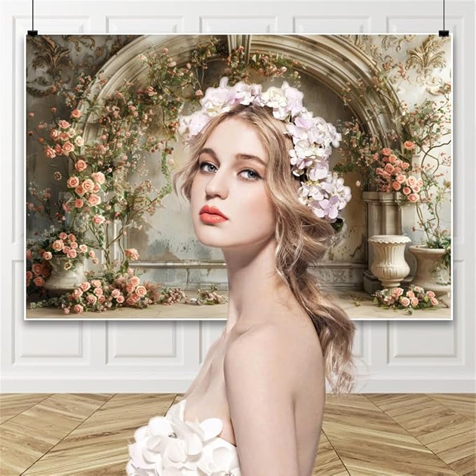 8x6ft Wedding Floral Backdrops Vintage European Building Wall Spring Pink Roses Flowers Elegant Photography Background for Mothers Day Birthday Bridal Shower Valentines Day Girls Women