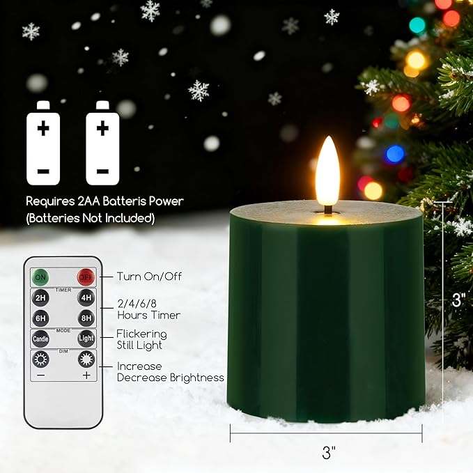Green Flameless Pillar Candles, Real Wax Battery Operated Candles with Remote and Timer, Flickering LED Candles for Christmas Holiday Home Decor,Xmas Gift, Set of 3(3"x3")