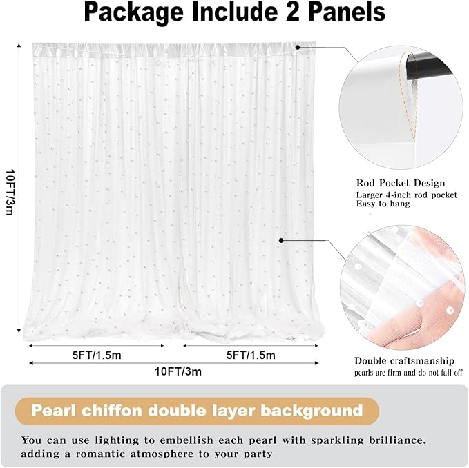 10 * 8FT White Pearl Tulle Double Layered Backdrop Curtain with Lights String and Lining Fabric for Wedding Baby Shower Birthday Parites Photo Decorations