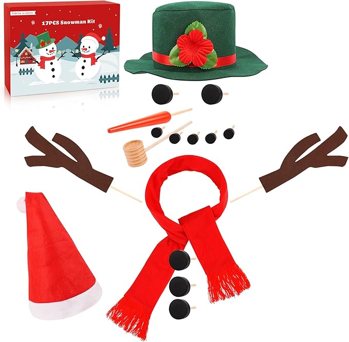 17PCS Build A Snowman Kit with 2pcs Hats, Winter DIY Snowman Decorating Supplies for Outdoor Christmas Decorations, 2pcs Hats Snowmen Making Kit Snow Tools for Xmas Holiday Party Decoration