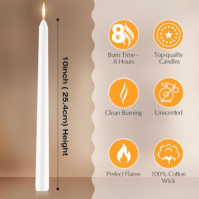 12 Pack White Taper Candles - Taper Candles 10 Inch Dripless, Smokeless & Unscented - 8 Hours Long Burning - Tall Candlesticks - Ideal for Weddings, Dinner Parties, Home Decor, Birthday Party