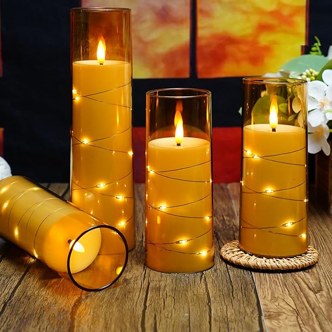 Flameless LED Candles with Timer 5 Pc Flickering Flameless Candles for Romantic Ambiance and Home Decoration Stable Acrylic Shell,with Embedded Star String，Battery Operated Candles（Gold）