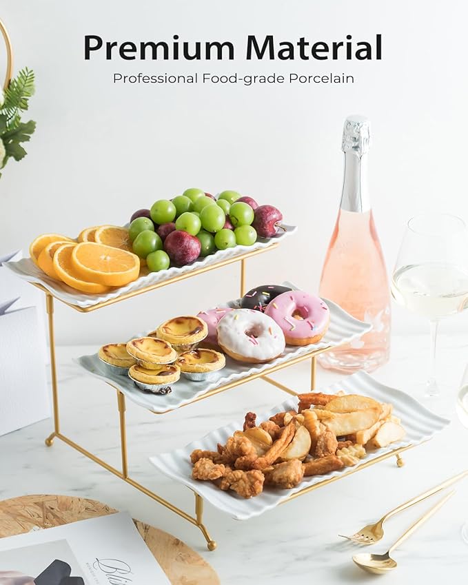 LAUCHUH 3 Tier Trays Stand, Porcelain Serving Trays Collapsible Sturdier Stand Serving Platters Dessert Table Display Set for Indoor Party, Entertaining, Thanksgiving, Christmas, Gold, 12.2 Inch