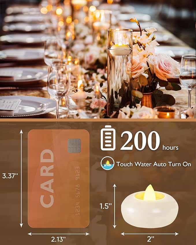 Homemory 2” Flameless Led Floating Candles, 200 Hour Plastic Battery Operated Flickering Waterproof Tealights for Cylinder Vases, Centerpieces at Wedding, Party, Pool, Holiday (12 Pack, White Base)
