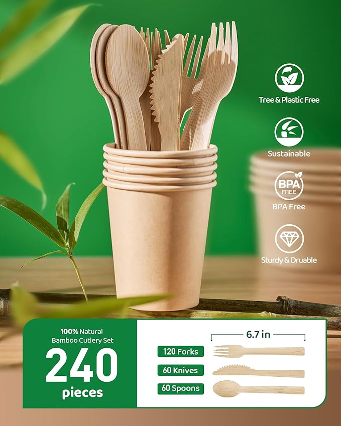 Devot 100% Natural Bamboo Disposable Cutlery Set - 240 Mix (60 Knives, 120 Forks, 60 Spoons) 6.7", Eco Friendly Utensils, Biodegradable, Compostable and Perfect For Weddings, Camping, Party
