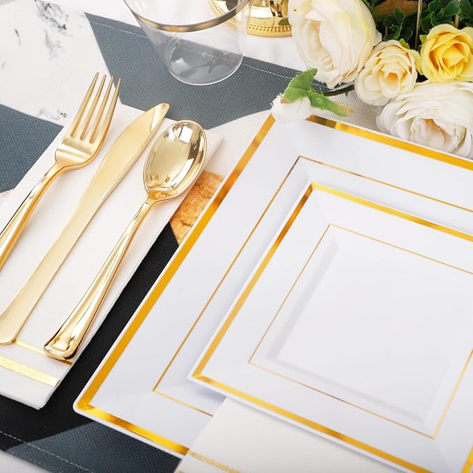 Festiva 350Pcs Gold Plastic Plates - Disposable Square Gold Plates Dinnerware set include 9.5"/6" Plates,Cups,Plastic Cutlery,Hand Napkins Perfect for 50 guests Party&Wedding&Thanksgiving&Christmas