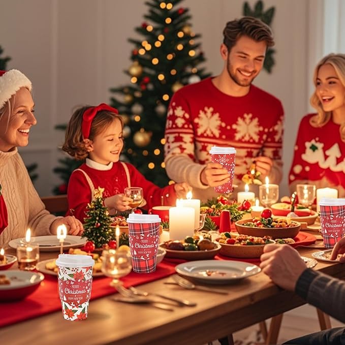 72 Set Christmas Disposable Coffee Cups with Lids and Sleeves Snowflake Reindeer Paper Drinking To Go Cups for Winter Holiday Christmas Party Coffee Bar Decor Business Supplies (Red)