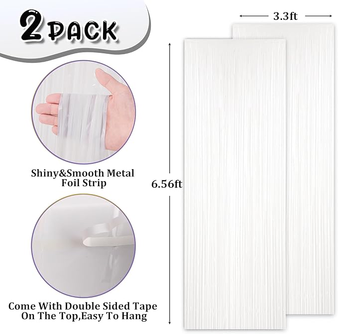 2 Pack White Tinsel Foil Fringe Curtains, White Party Decorations, Metallic Tinsel Party Streamers Backdrop for Birthday Baby Shower Graduation Wedding Anniversary Party Decorations