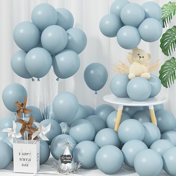 Blue Balloons 5 Inch, 60Pcs Small Pale Muted Blue Aqua Balloon 5'' Mini Matte Dusty Retro Powder Light Blue Helium Latex Balloons for Birthday Boho Baby Shower Bachelorette Party Decorations