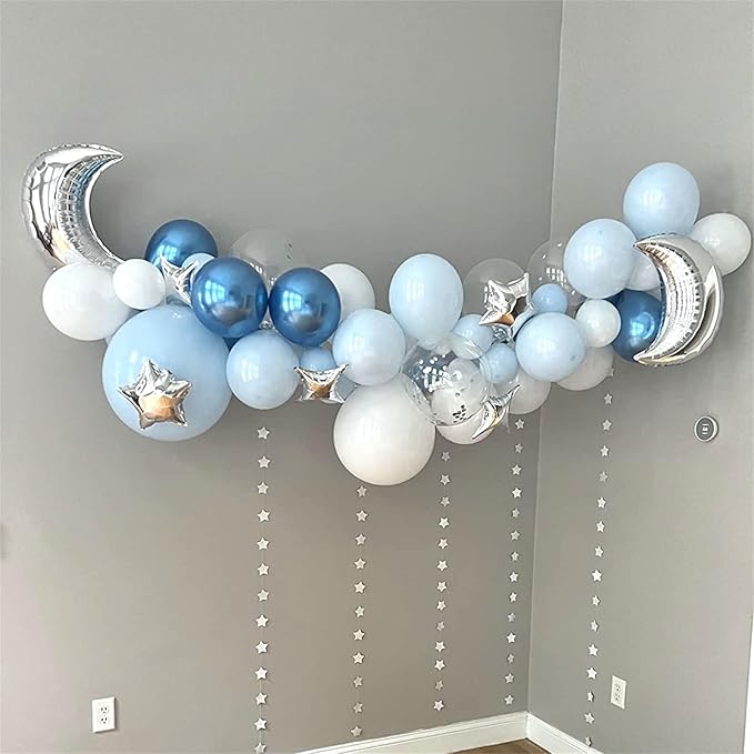 Blue and Silver Balloons, 12 Inch Metallic Blue Silver White Balloons Set, Pearl Light Blue Aqua Baby Blue Silver Confetti Latex Balloons for Boys Birthday Baby Shower Christening Party Decorations