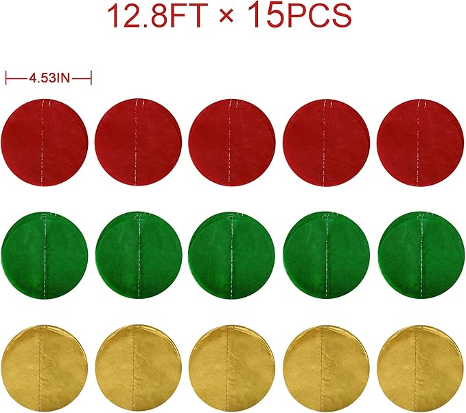 192Ft Christmas Party Decorations Red Green Metallic Gold Tissue Paper Big Polka Dots Backdrop Streamer Circle Dots Hanging Garland for Xmas Holiday Birthday Baby Shower Wedding Hen Party Supplies