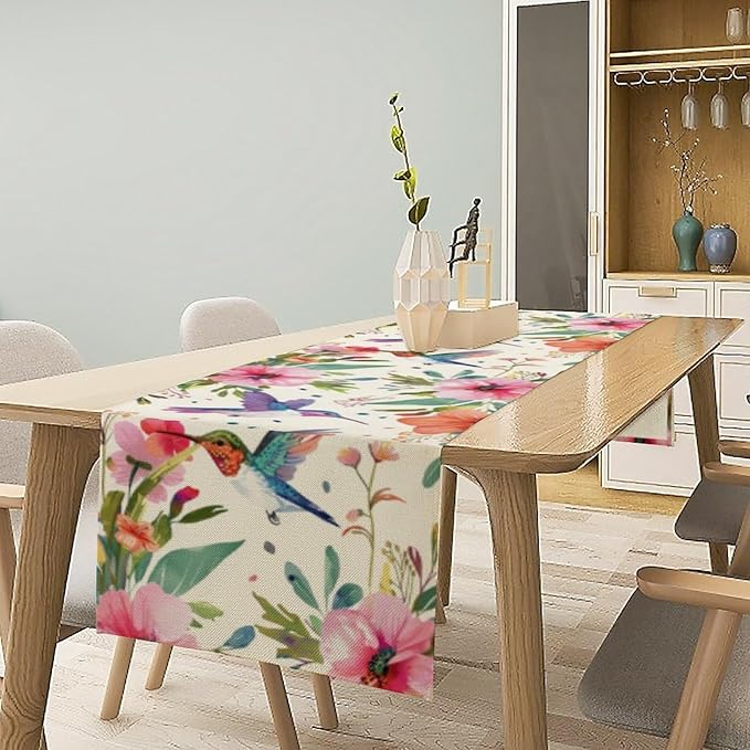 Flowers Birds Spring Table Runner, Colorful Birds Branches Blue Floral Seasonal Kitchen Dining Table Decoration for Home Party Decor 13x60 in