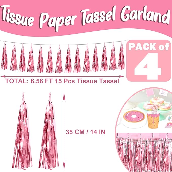 4P Light Pink Foil Fringe Metallic Tassel Streamers Banner Tassel Garland for Parade Floats, Bachelorette, Wedding, Birthday, Halloween, Christmas, Bridal/Baby Shower Party Decorations