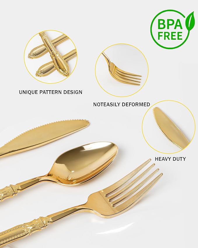 Nervure 300PCS Gold Plastic Silverware - Heavy Duty Disposable Cutlery Set,Luxury Gold Plastic Utensils include 100Pcs Forks, 100Pcs Spoons, 100pcs Knives Perfect for Wedding,Party,Daily Use