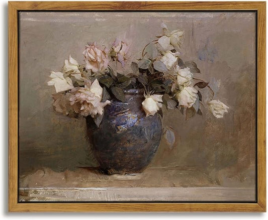InSimSea Framed Canvas Print , Roses in Vase Classical Oil Paintings for Wall Decorations Canvas wall art for Bedroom Living Room Bathroom Decor ,Farmhouse Decor 8x10in