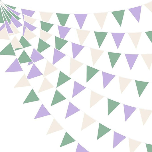 32Ft Sgae Green Light Purple Party Decorations Dusty Green and Purple Fabric Banner Triangle Flag Pennant Garland Streamers for Kids Pastel Birthday Baby Shower Wedding Lavender Party Decor Supplies