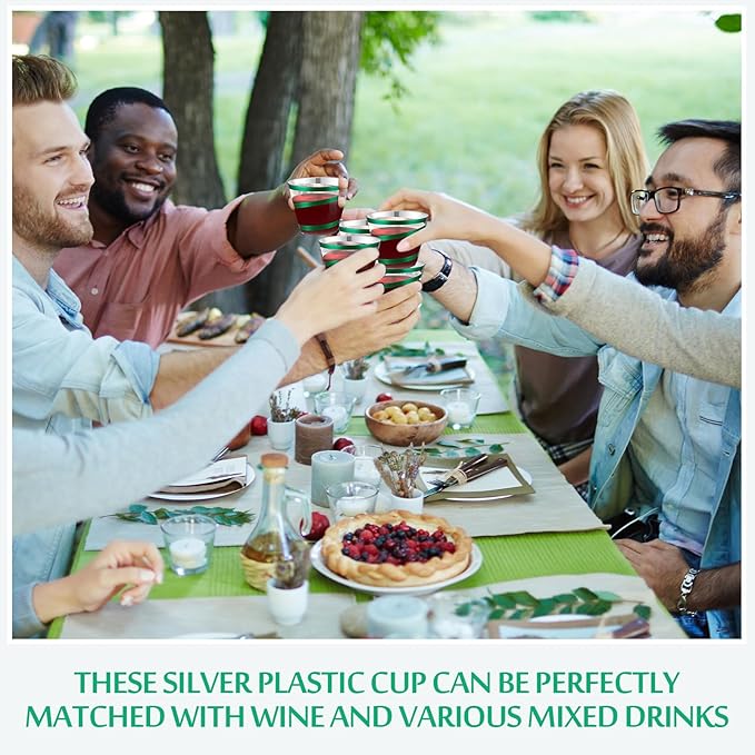 Gejoy 9 oz Rimmed Swirl Plastic Cups Disposable Wine Drinking Cups Clear Elegant Halloween Tumblers for Christmas Party Supplies(Dark Green,100 Pcs)