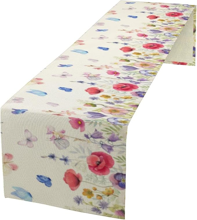 Butterfly Table Runner, Wildflowers Floral Butterfly Table Decoration Seasonal Summer Home Kitchen Dining Table Indoor Outdoor Farmhouse Decor 13x90 Inch