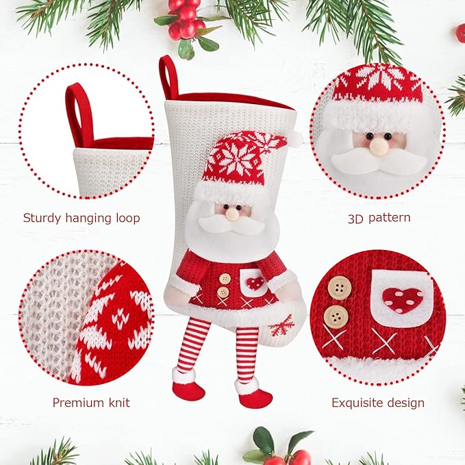 2 Pack Christmas Stockings, 19.7 Inch Large Stockings, Personalized Knitted 3D Pattern Santa Snowman Socks, Eve Candy Stocking Bag for for Holiday Xmas Party Decoration (Style 1)