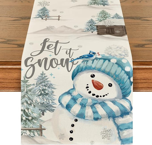 Artoid Mode Xmas Trees Let It Snow Blue Snowman Christmas Table Runner, Seasonal Winter Holiday Kitchen Dining Table Decoration for Home Party Decor 13x60 Inch