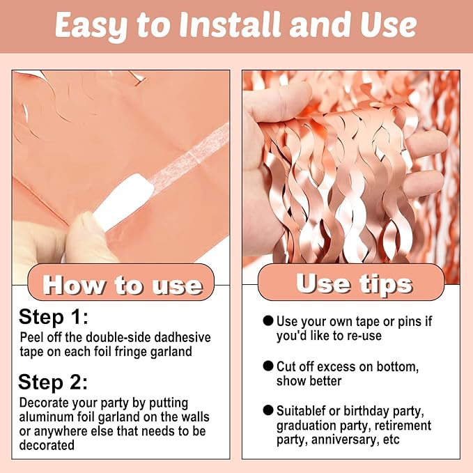 6 Pack 10 Feet Rose Gold Wave Foil Fringe Garland Metallic Tinsel Streamers Banner Wall Hanging Curtain Backdrop for Parade Floats, Mother's Day, Easter, Wedding, Birthday Party Decoration