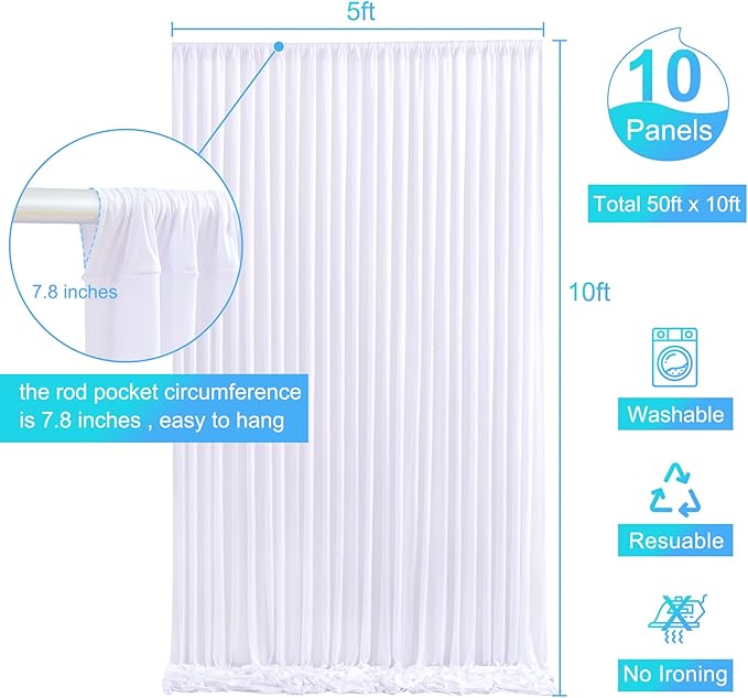 10 Panels White Backdrop Curtain for Parties Wedding Wrinkle Free White Photo Curtains Backdrops Drapes Fabric Decoration for Baby Shower Birthday Party 50ft(W) x 10ft(H)