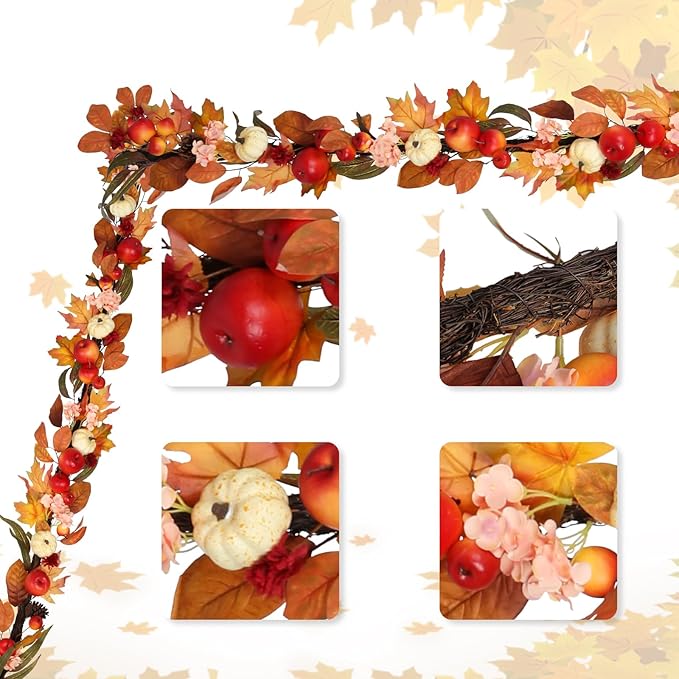 Fall Garland with Pumpkins, Artificial Maple Leaves, Pinecones, Apples & Flowers – 5.6ft Autumn Harvest Garland for Fireplace Mantel, Doorway, Table, Thanksgiving Decor (1 Pack)