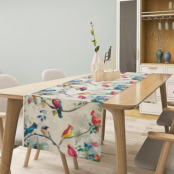 Birds Flowers Spring Table Runner,Watercolor Floral Leaves Seasonal Home Party Kitchen Dining Table Decoration 13x60 in