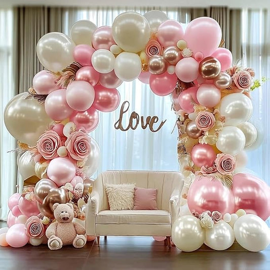 Pearl Pink White Balloon Garland Double Stuffed Light Pink Champagne Gold White Sand Balloon Arch Kit for Birthday Baby Bridal Shower Wedding Birthday Christmas Party Decorations