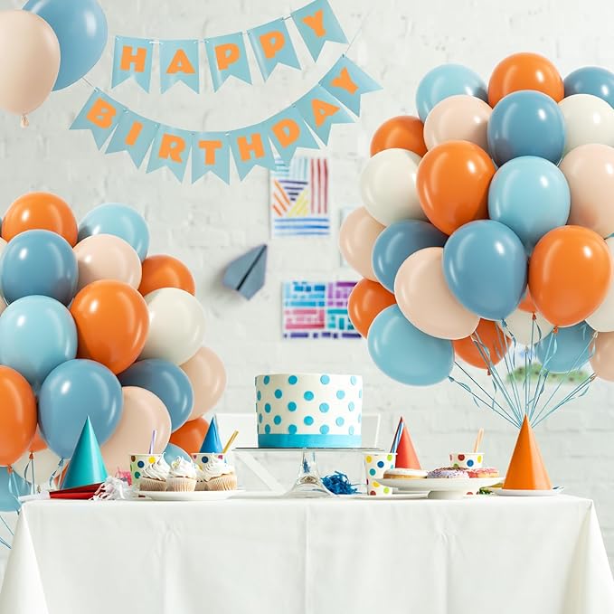 60pcs 12inch Blue and Orange Balloons, Dusty Blue Orange Sand White Nude Balloons with Ribbon for Baby Shower Birthday Party Decorations