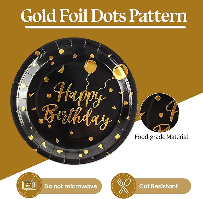9 Inch Birthday Plates and Napkins, Black and Gold Balloons Dessert plates Disposable Party Supplies 40PCS Cake Paper Plates Tableware for Birthday Party Decorations