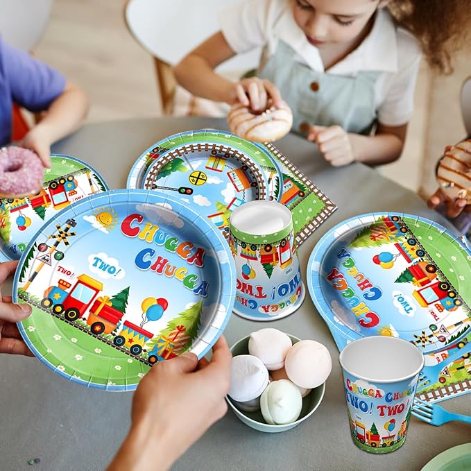 Chuagaa Chugga Two Two 142PCS Birthday Decoration Train Paper Plates Tableware Set - Transportation Table Cloth Banner Cups for 2nd Birthday Train Party Supplies