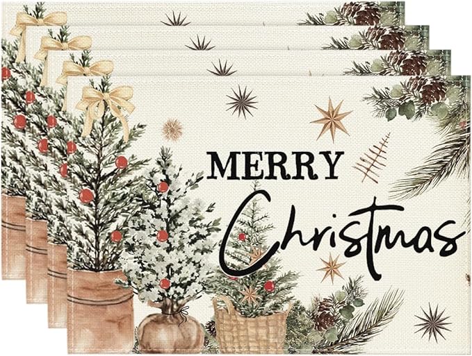 Artoid Mode Xmas Trees Holly Pine Cone Merry Christmas Placemats Set of 4, 12x18 Inch Seasonal Winter Holiday Table Mats for Party Kitchen Dining Decoration