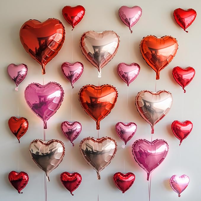 Rose Gold Pink Heart Balloons, 19PCS Red Pink Heart Shape Balloon, 18Inch with 10Inch Pink and Red Rose Gold Helium Foil Love Heart Balloon for Birthday Baby Shower Wedding Valentines Decorations