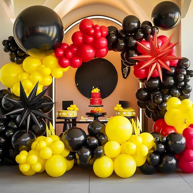 Red Black Yellow Balloon Arch Kit with Star Foil Balloons, Black and Red Yellow Balloon Arch, for Boy Girls Theme Birthday Baby Shower Party Decorations