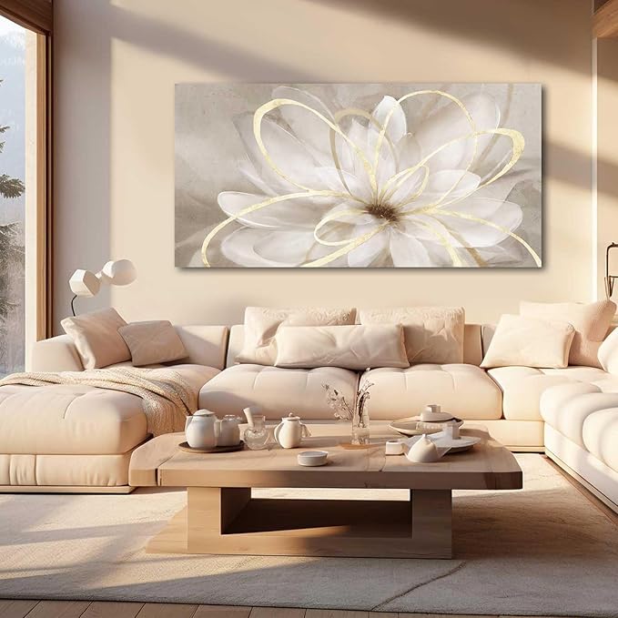 Kureful Flower Pictures Wall Decor Oil Painting 24x48 Inches Abstract Artwork for Bedroom Living Room Home Office Wall Decorations, Gold