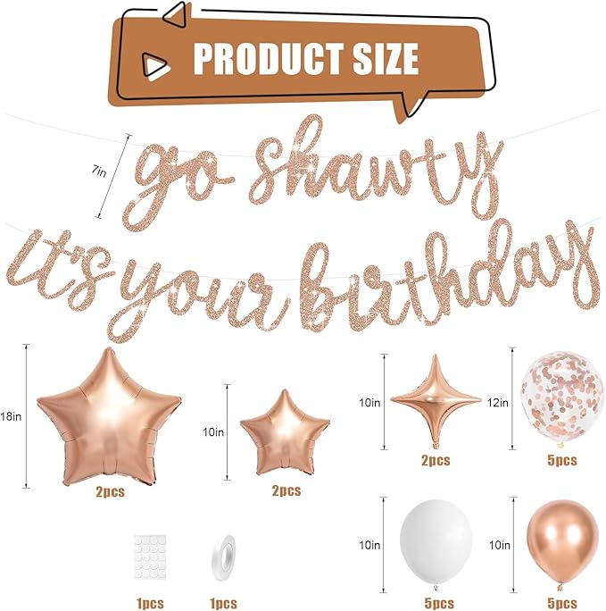 Rose Gold Go Shawty It's Your Birthday Banner Balloons Set, Glitter Happy Birthday Banner with Rose Gold Confetti Balloon Star Foil Balloon for Girls Women Hip Hop Rap Theme Birthday Party Decorations