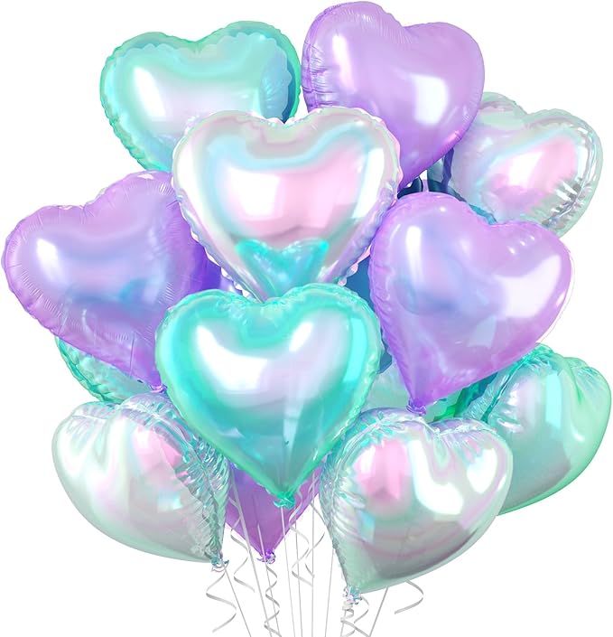 Iridescent Heart Balloons, 10 Pcs Crystal Heart Shaped Balloon, 18 Inch Transparent Gradient Blue Purple Foil Balloons for Engagement Brithday Baby Shower Wedding Valentines Mermaid Party Decoration