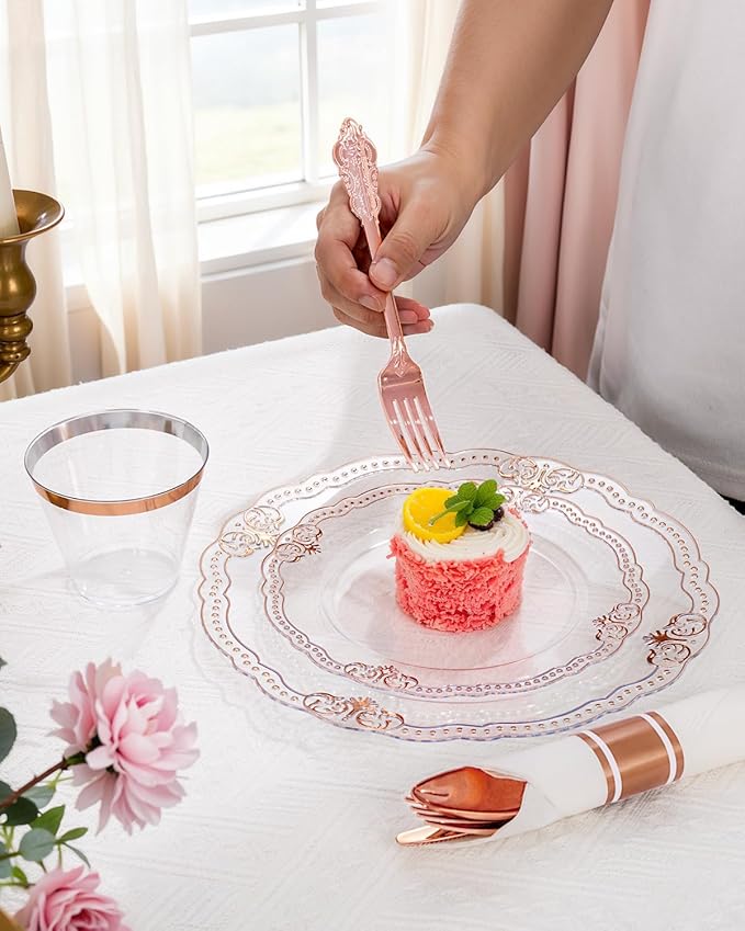 Ciaell 350 PCS Rose Gold Plastic Plates - Rose Gold Disposable Plates Dinnerware Include 50 Disposable Plate, 50 Heavy Duty Silverware, 50 Cups, 50 Napkins for Wedding & Party & Anniversary