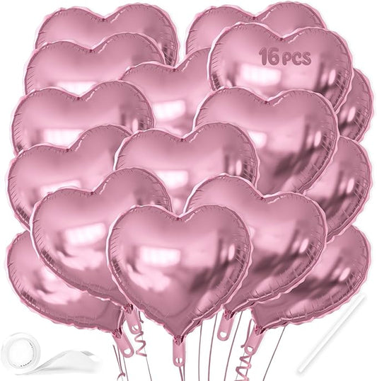 16 Pcs Heart Balloons, 18 Inch Pink Love Heart Shaped Foil Balloons for Wedding Anniversary Birthday Party Valentine Decorations Baby Shower Bridal Shower Engagement Decorations Supplies