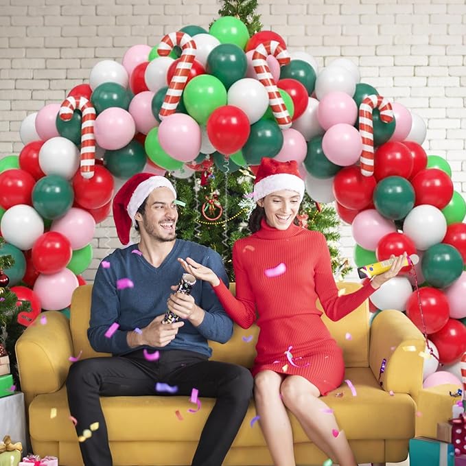Christmas Balloons, 60pcs Pink Red Green Balloons with Candy Cane Foil Balloon, Retro Green and Pink White Xmas Party Balloon for Christmas Decorations Birthday New Year Carnival Party Supplies