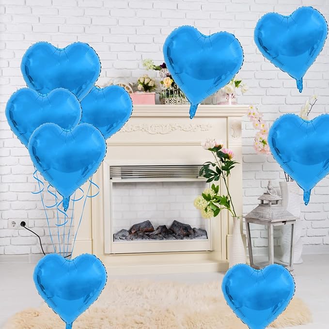 Blue Foil Heart Balloons, 10PCS 18inch Love Shape for Helium Birthday Party Decorations, Boys Men, Baby Shower, Valentines, Wedding, Anniversary