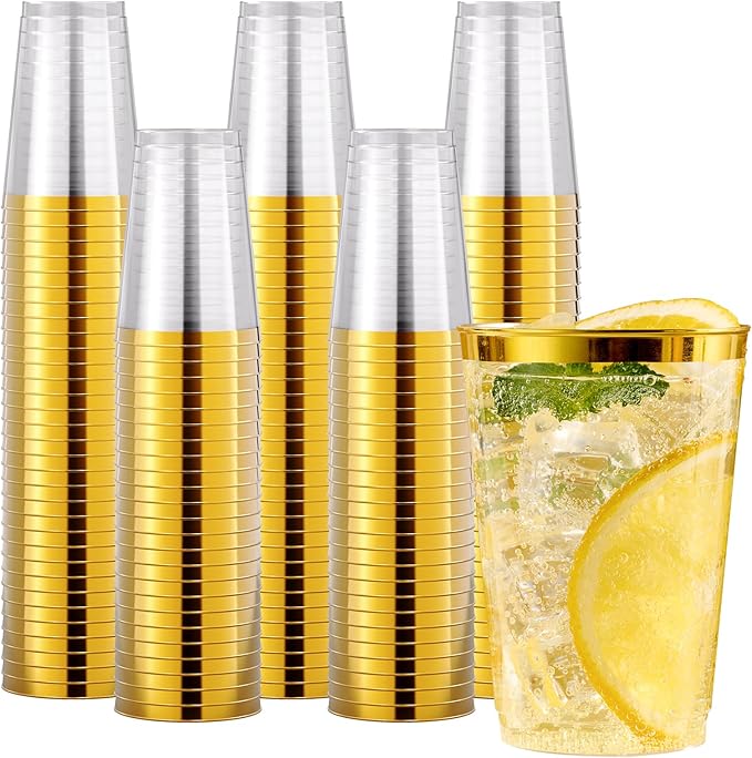 JOLLY CHEF 200 Pack 12 oz Gold Plastic Cups Elegant Gold Rimmed Disposable Cups Heavy-Duty Party Cups for Wedding, Thanksgiving, Christmas Parties