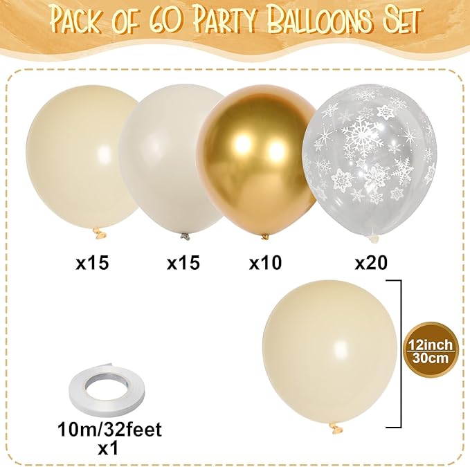 Beige Gold Snowflake Balloons Cream White Sand Gold Metallic Balloons Neutral Boho Ivory Nude Winter Balloon Set for Christmas Ice Wonderland Snow Wedding Baby Bridal Shower Birthday Party Decorations