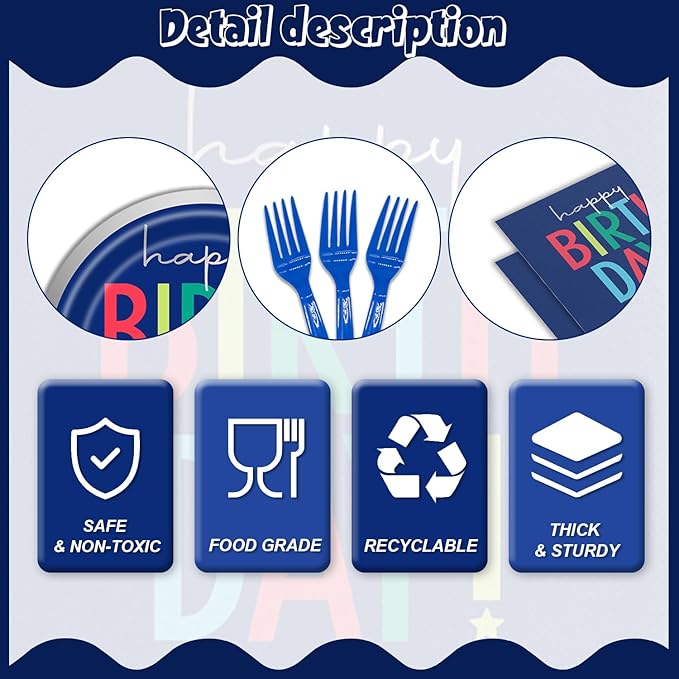96Pcs Dark Blue Party Decorations Tableware Set Plates Napkins Forks Serves 24 Guests Multicolor Happy Birthday Party Decorations