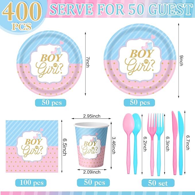 Pickmesh 400 Pcs Gender Reveal Party Supplies Include Boy or Girl Disposable Paper Plates Napkins Cups Cutlery Blue and Pink Gender Reveal Tableware Set for Baby Shower Party Decorations Serve 50